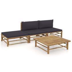 Salon de jardin 4 pcs avec coussins gris fonc&eacute; bambou