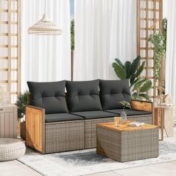 Salon de jardin 4 pcs avec coussins gris r&eacute;sine tress&eacute;e