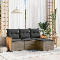 Salon de jardin 4 pcs avec coussins gris r&eacute;sine tress&eacute;e