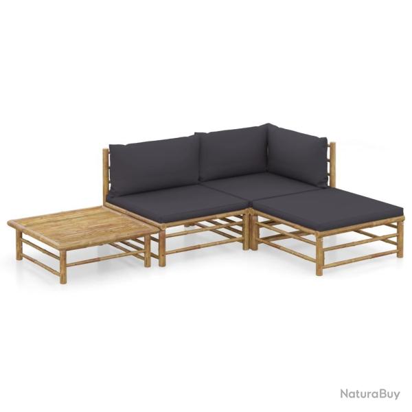 Salon de jardin 4 pcs avec coussins gris fonc� bambou