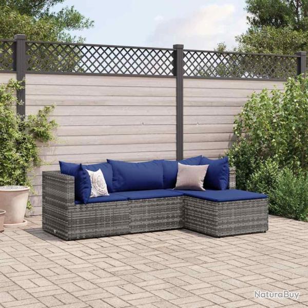 Salon de jardin 4 pcs avec coussins Gris R�sine tress�e alsavelo