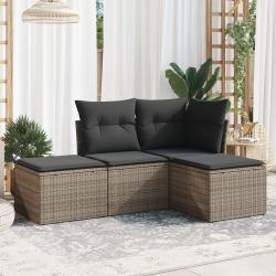 Salon de jardin 4 pcs avec coussins gris r&eacute;sine tress&eacute;e
