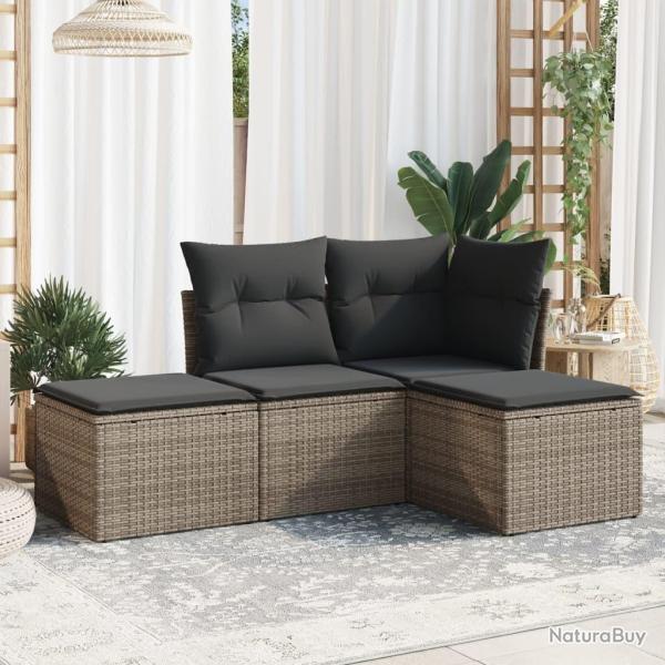 Salon de jardin 4 pcs avec coussins gris r�sine tress�e