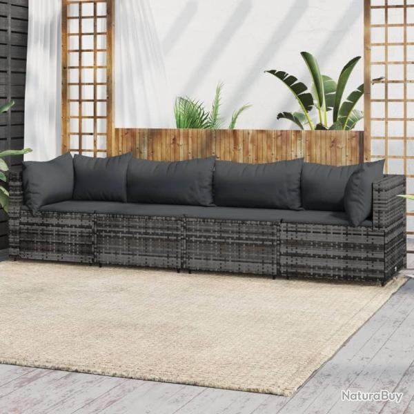 Salon de jardin 4 pcs avec coussins Gris R�sine tress�e