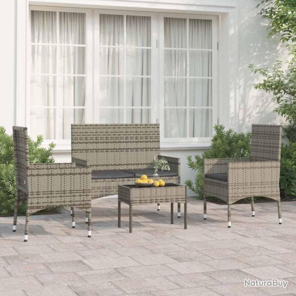 Salon de jardin 4 pcs avec coussins Gris R�sine tress�e alsavelo