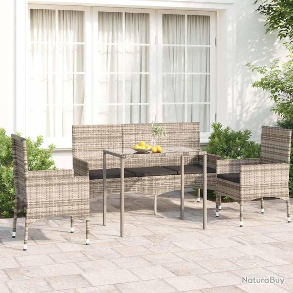 Salon de jardin 4 pcs avec coussins Gris R�sine tress�e