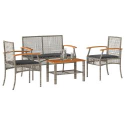 Salon de jardin 4 pcs avec coussins Gris R&eacute;sine tress&eacute;e