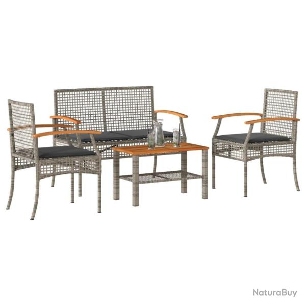Salon de jardin 4 pcs avec coussins Gris R�sine tress�e
