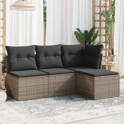 Salon de jardin 4 pcs avec coussins gris r&eacute;sine tress&eacute;e