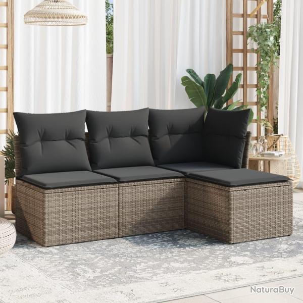 Salon de jardin 4 pcs avec coussins gris r�sine tress�e