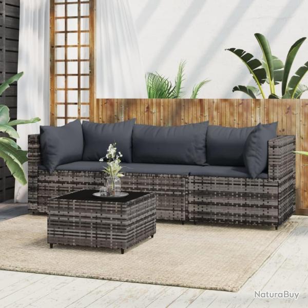 Salon de jardin 4 pcs avec coussins Gris R�sine tress�e