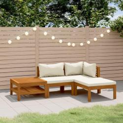 Salon de jardin 4 pcs avec coussin cr&egrave;me Bois d'acacia solide