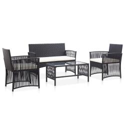 Salon de jardin 4 pcs avec coussin R&eacute;sine tress&eacute;e Noir
