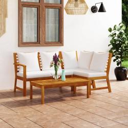 Salon de jardin 4 pcs avec coussin Cr&egrave;me Bois d'acacia solide