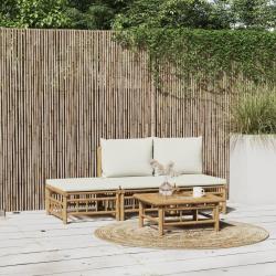 Salon de jardin 4 pcs avec coussins blanc cr&egrave;me bambou