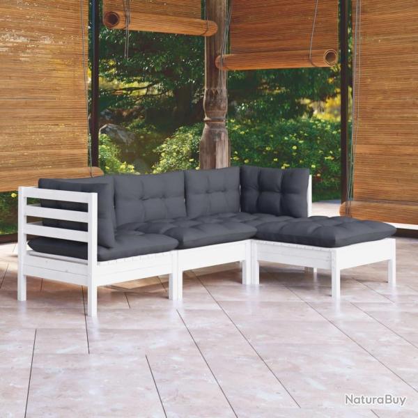 Salon de jardin 4 pcs avec coussins blanc bois de pin alsavelo