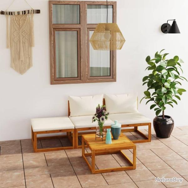 Salon de jardin 4 pcs avec coussin Cr�me Bois d'acacia solide