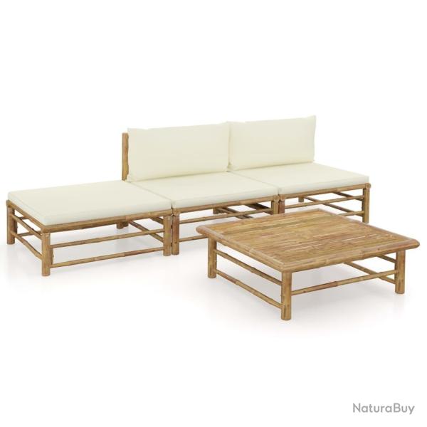 Salon de jardin 4 pcs avec coussins blanc cr�me bambou