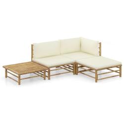 Salon de jardin 4 pcs avec coussins blanc cr&egrave;me bambou