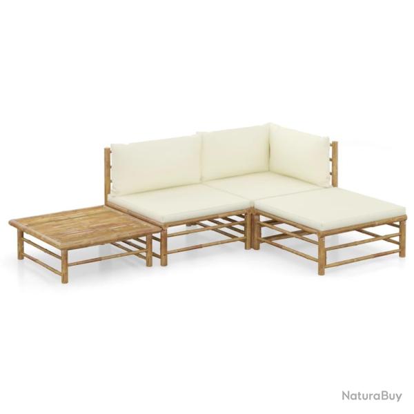 Salon de jardin 4 pcs avec coussins blanc cr�me bambou
