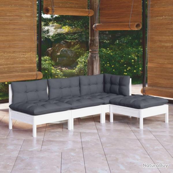 Salon de jardin 4 pcs avec coussins blanc bois de pin alsavelo
