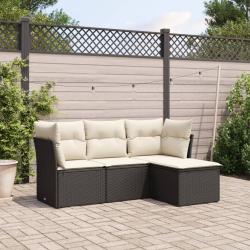 Salon de jardin 4 pcs avec coussins noir r&eacute;sine tress&eacute;e