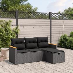 Salon de jardin 4 pcs avec coussins noir r&eacute;sine tress&eacute;e