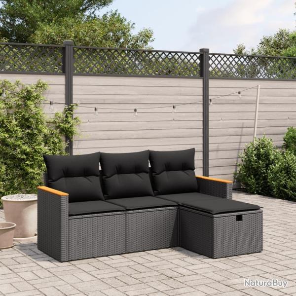 Salon de jardin 4 pcs avec coussins noir r�sine tress�e
