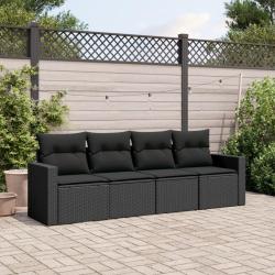 Salon de jardin 4 pcs avec coussins noir r&eacute;sine tress&eacute;e