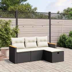 Salon de jardin 4 pcs avec coussins noir r&eacute;sine tress&eacute;e