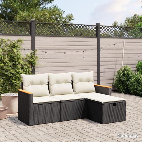 Salon de jardin 4 pcs avec coussins noir r�sine tress�e