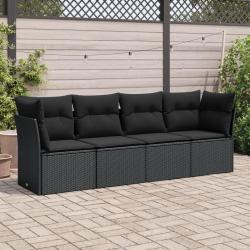Salon de jardin 4 pcs avec coussins noir r&eacute;sine tress&eacute;e