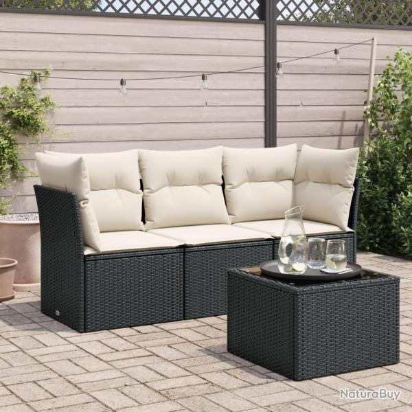 Salon de jardin 4 pcs avec coussins noir r�sine tress�e