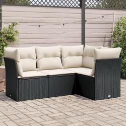 Salon de jardin 4 pcs avec coussins noir r&eacute;sine tress&eacute;e