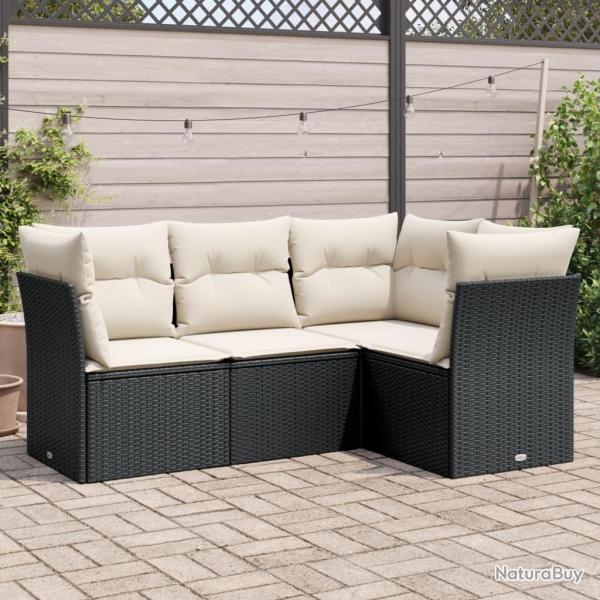 Salon de jardin 4 pcs avec coussins noir r�sine tress�e