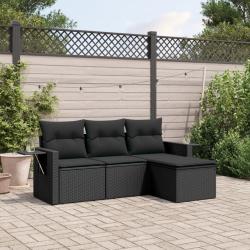 Salon de jardin 4 pcs avec coussins noir r&eacute;sine tress&eacute;e