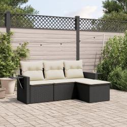 Salon de jardin 4 pcs avec coussins noir r&eacute;sine tress&eacute;e