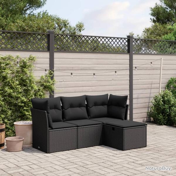 Salon de jardin 4 pcs avec coussins noir r�sine tress�e