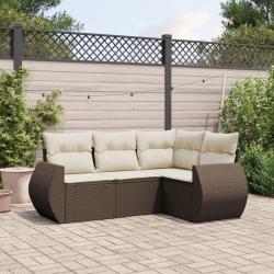 Salon de jardin 4 pcs avec coussins marron r&eacute;sine tress&eacute;e alsavelo