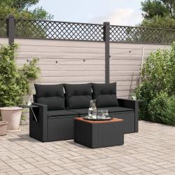 Salon de jardin 4 pcs avec coussins noir r&eacute;sine tress&eacute;e