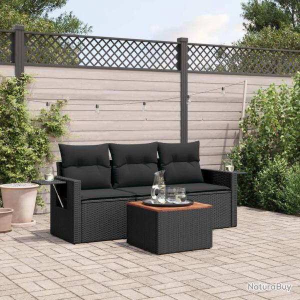 Salon de jardin 4 pcs avec coussins noir r�sine tress�e