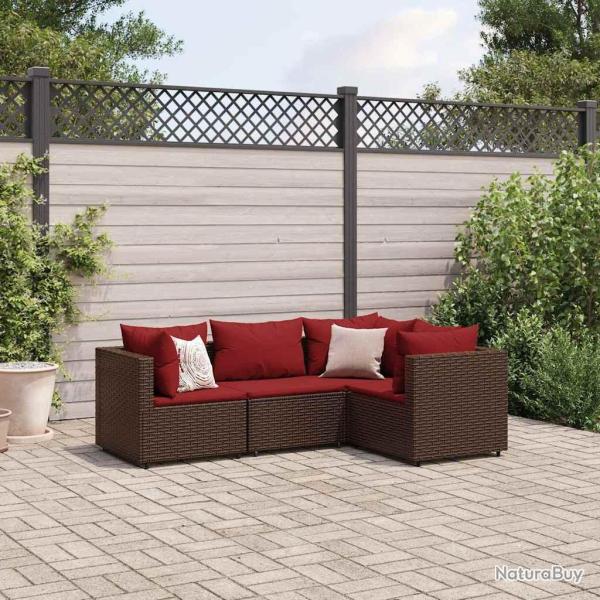 Salon de jardin 4 pcs avec coussins Marron R�sine tress�e alsavelo