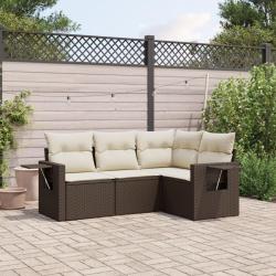 Salon de jardin 4 pcs avec coussins marron r&eacute;sine tress&eacute;e alsavelo