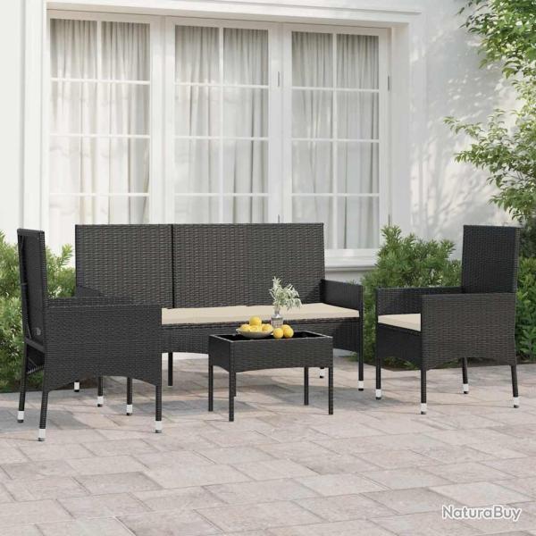Salon de jardin 4 pcs avec coussins Noir R�sine tress�e alsavelo