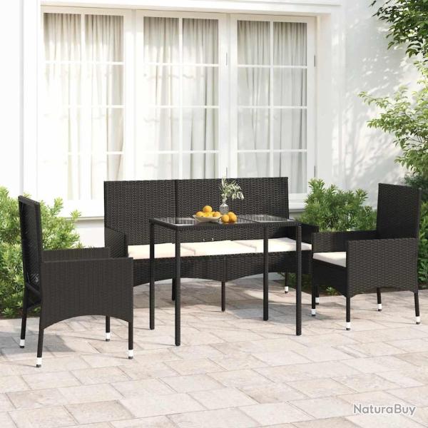 Salon de jardin 4 pcs avec coussins Noir R�sine tress�e alsavelo