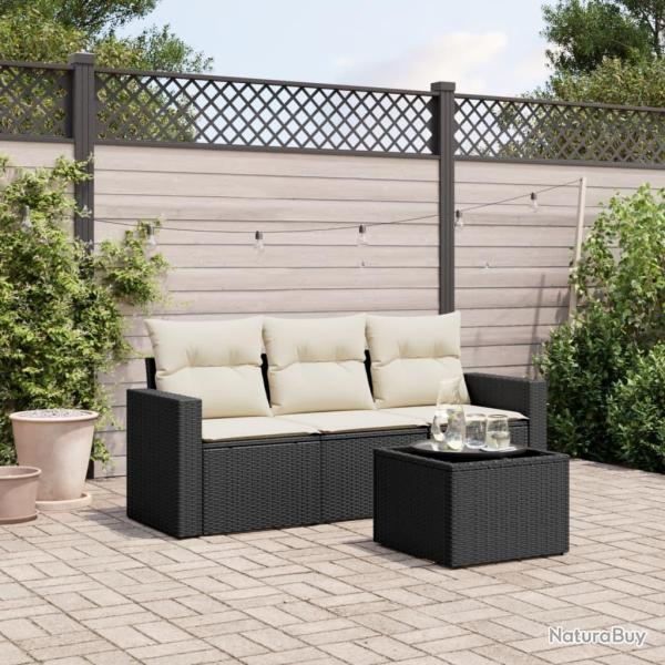 Salon de jardin 4 pcs avec coussins noir r�sine tress�e