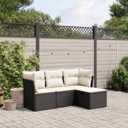 Salon de jardin 4 pcs avec coussins noir r&eacute;sine tress&eacute;e