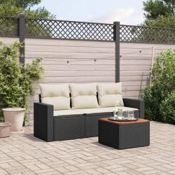 Salon de jardin 4 pcs avec coussins noir r&eacute;sine tress&eacute;e