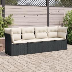 Salon de jardin 4 pcs avec coussins noir r&eacute;sine tress&eacute;e