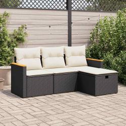 Salon de jardin 4 pcs avec coussins noir r&eacute;sine tress&eacute;e